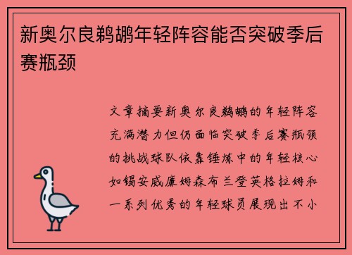 新奥尔良鹈鹕年轻阵容能否突破季后赛瓶颈