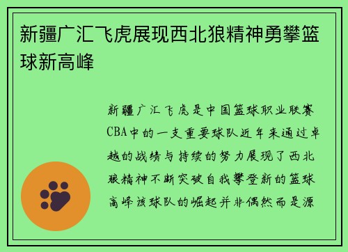 新疆广汇飞虎展现西北狼精神勇攀篮球新高峰
