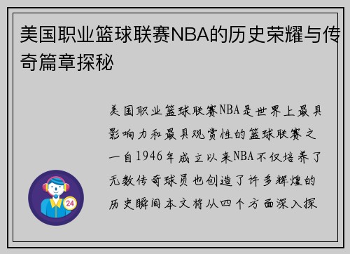 美国职业篮球联赛NBA的历史荣耀与传奇篇章探秘
